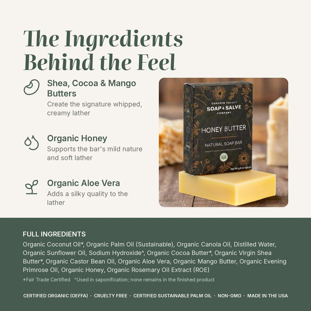 Honey Butter soap ingredients: Shea, Cocoa & Mango Butters, Organic Honey, Organic Aloe Vera, plus full ingredient list
