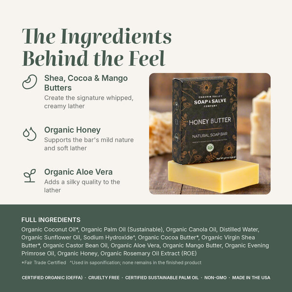 Honey Butter soap ingredients: Shea, Cocoa & Mango Butters, Organic Honey, Organic Aloe Vera, plus full ingredient list