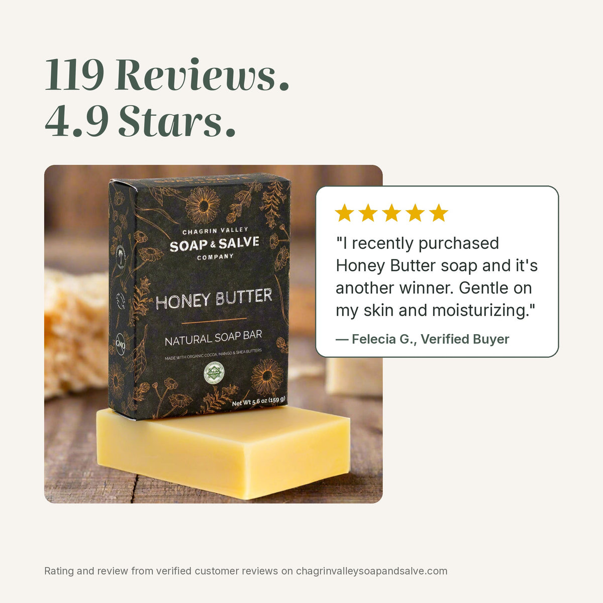Honey Butter soap rated 4.9 stars from 119 reviews, with a 5-star quote from a verified buyer