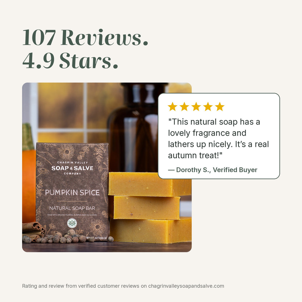 Pumpkin Spice soap rated 4.9 stars from 107 reviews, with a 5-star quote from a verified buyer