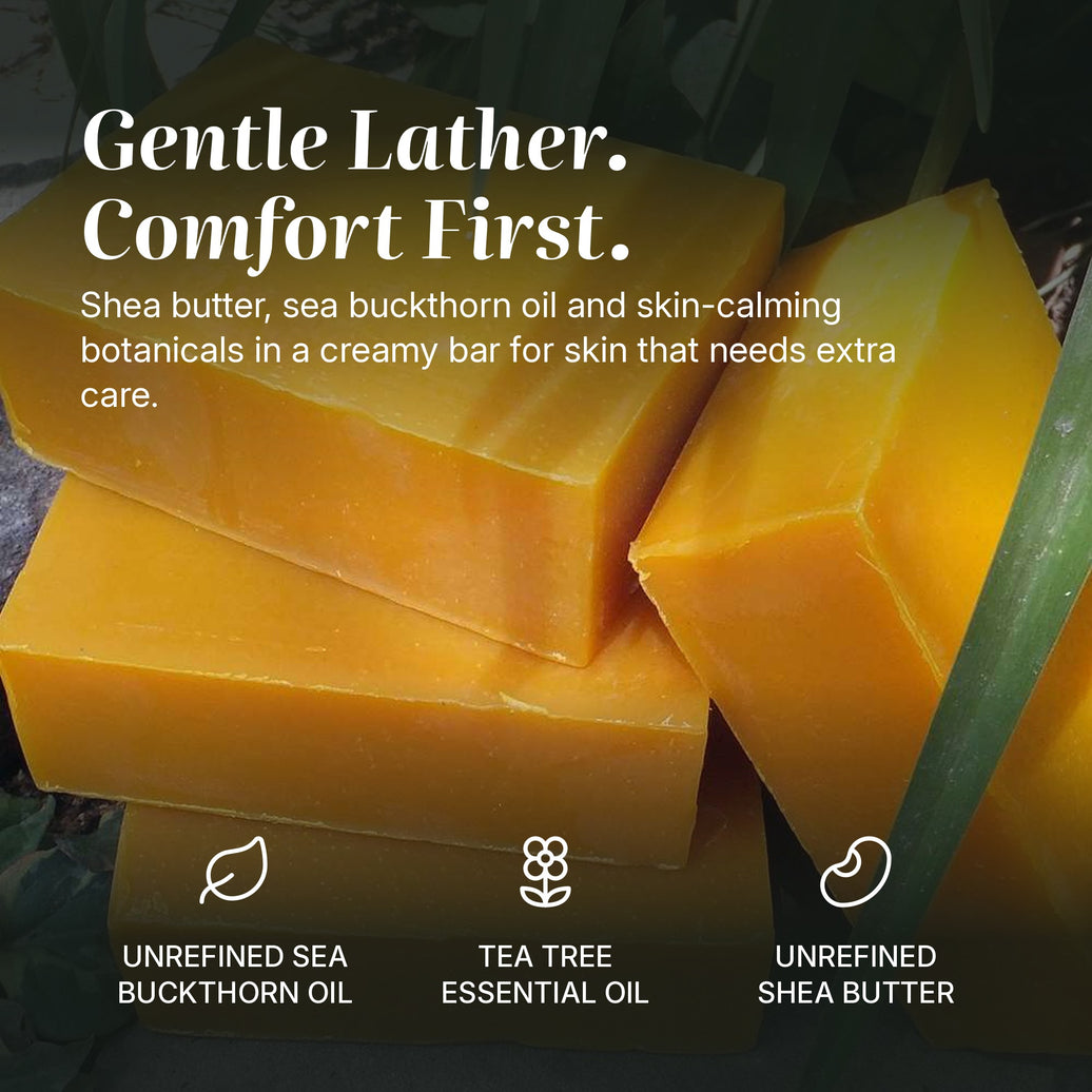 Sea Buckthorn & Tea Tree soap benefits: unrefined sea buckthorn oil, tea tree essential oil, unrefined shea butter