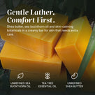 Sea Buckthorn & Tea Tree soap benefits: unrefined sea buckthorn oil, tea tree essential oil, unrefined shea butter