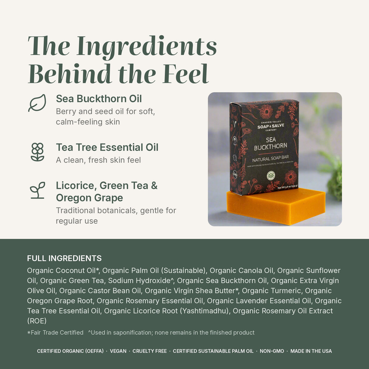 Sea Buckthorn & Tea Tree soap ingredients: sea buckthorn oil, tea tree oil, licorice root, green tea, full list