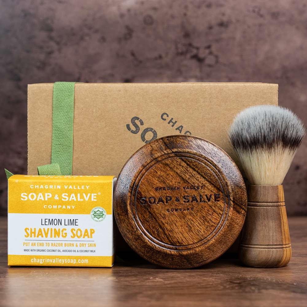 Gift: Wood Shaving Bowl, Soap & Olive Wood Brush